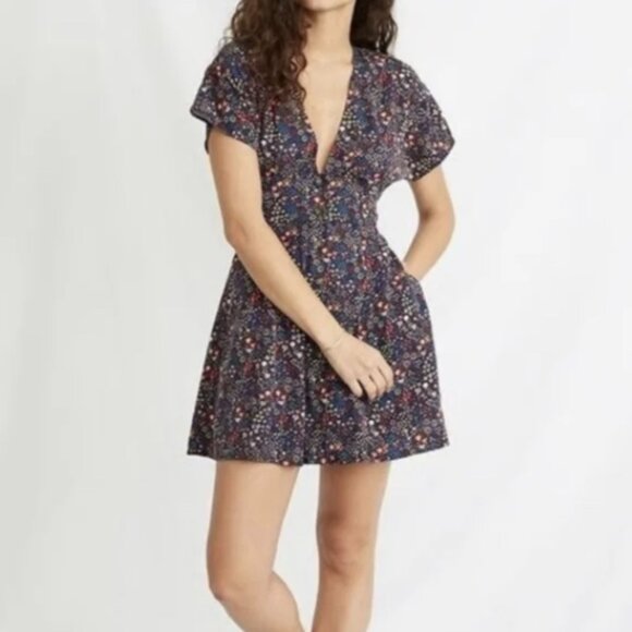 Marine Layer Camila Navy Blue Micro Floral Dress Button Front V-Neck Size Medium - Picture 1 of 13